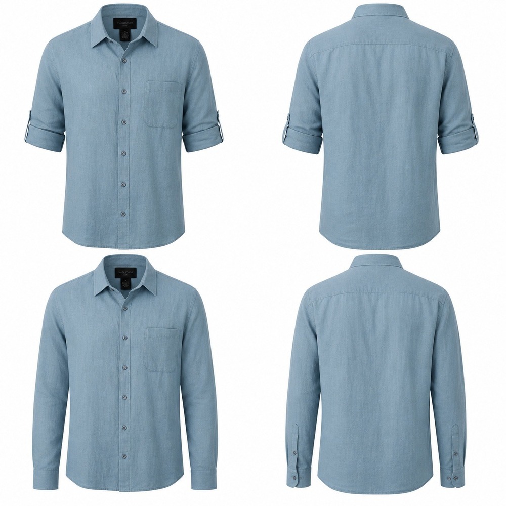 Magaschoni Man Linen Blnd Button Down Shirt XL Blue Green RollTab Sleeve NWT
